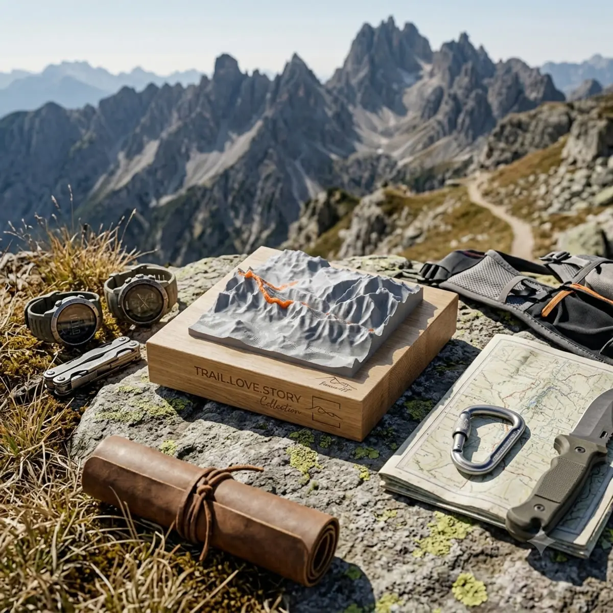 Trail.Love.Story relief on a rock in the mountains