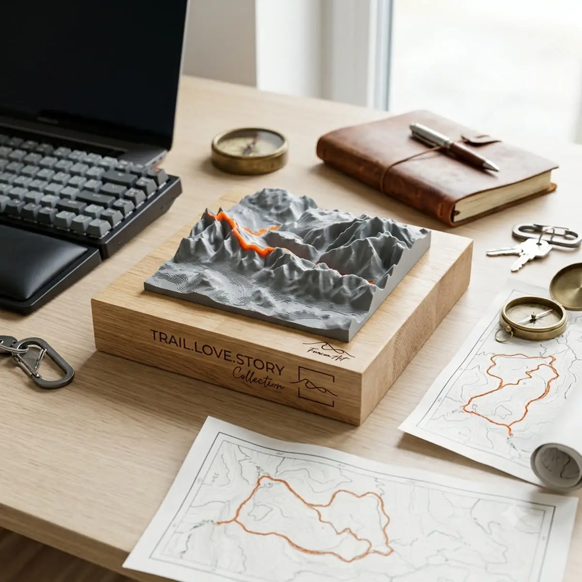 Trail.Love.Story 3D-printed relief on a wooden stand on a desk next to a route map